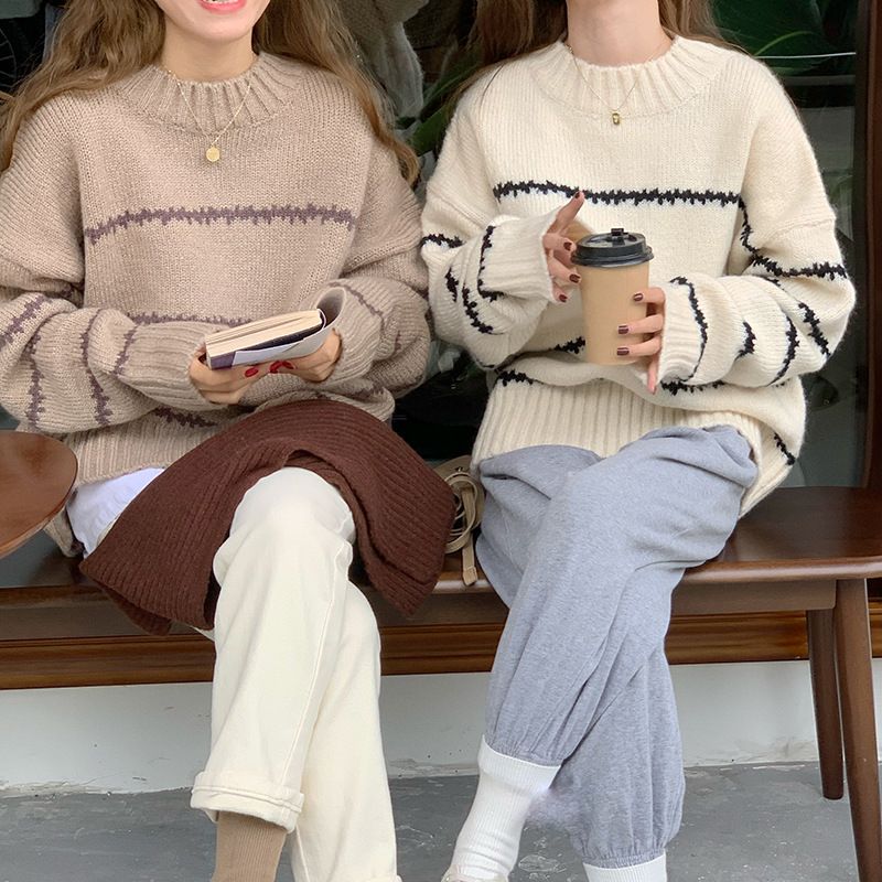 Japanese Retro Striped Knit Sweater Women's Loose Fit Long Sleeve Turtleneck Pullover - Soft Comfortable Chunky Knit Casual Top_voghion.com
