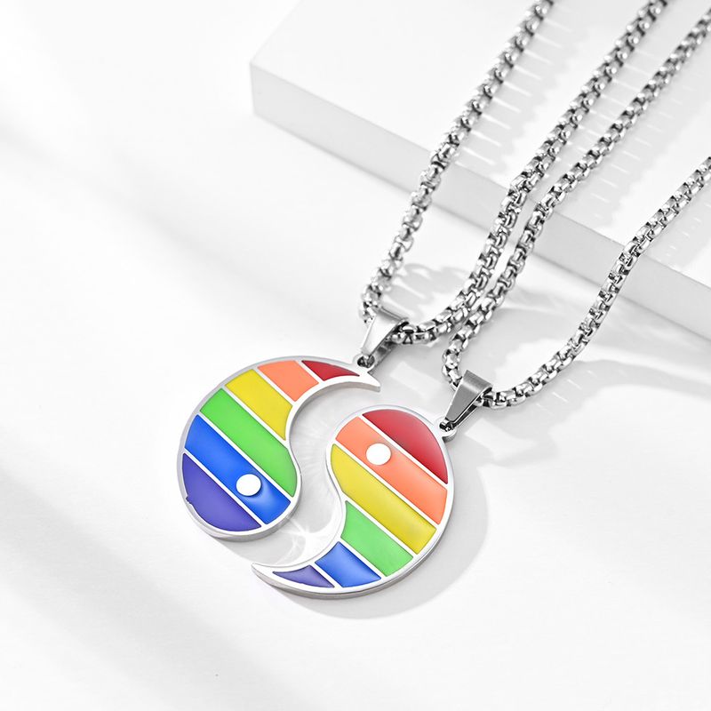 Rainbow Tai Chi diagram Yin Yang fish couple titanium steel pendant necklace jewelry_voghion.com