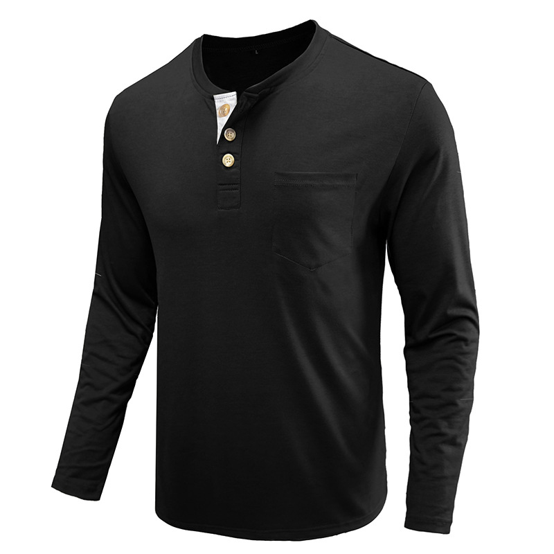 Henley-T-Shirts für Herren mit Knopfleiste, langen Ärmeln und Tasche, entspannte Passform, 100 % schwere Baumwolle_voghion.com