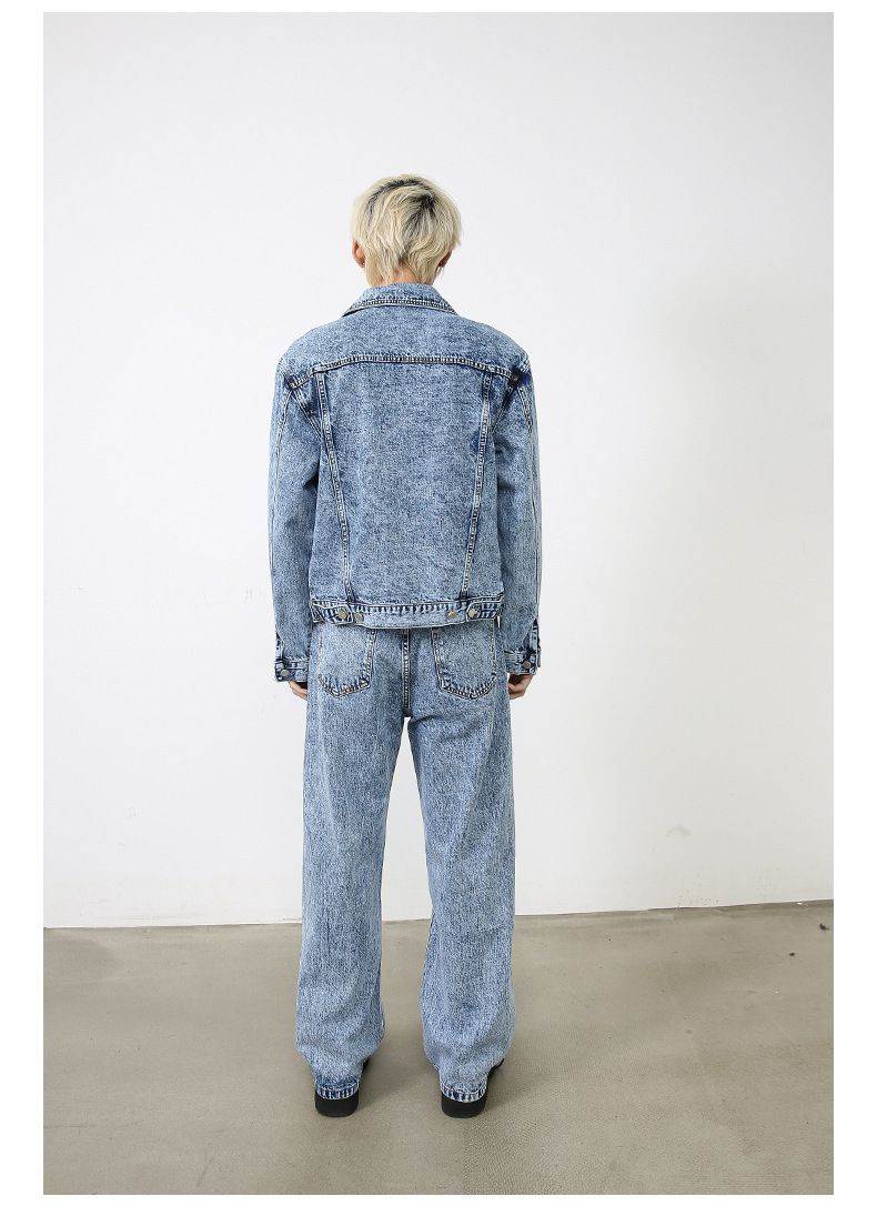 Herrenbekleidung Retro Kurze Jeansjacke Herren Loose Straight Washed Blue Jeans Anzug_voghion.com