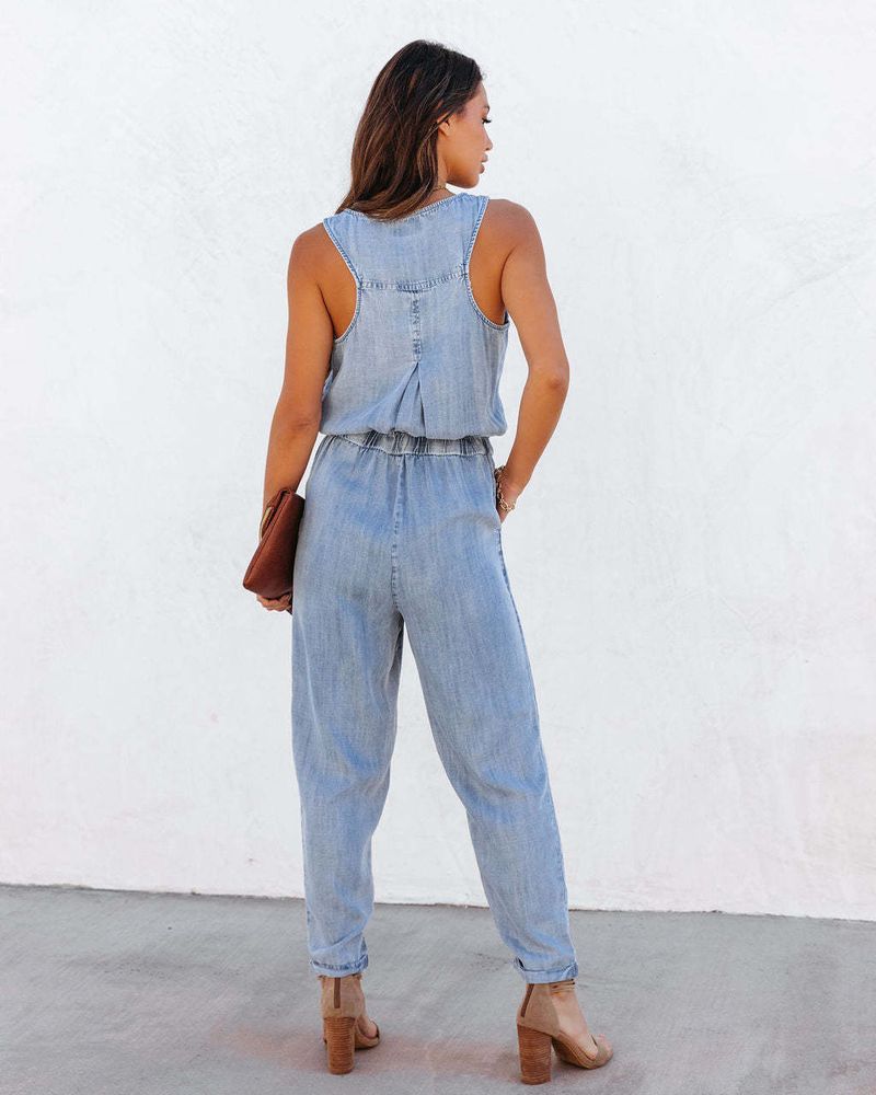 2023 lente en zomer dameskleding nieuw product losse mouwloze dames denim jumpsuit_voghion.com