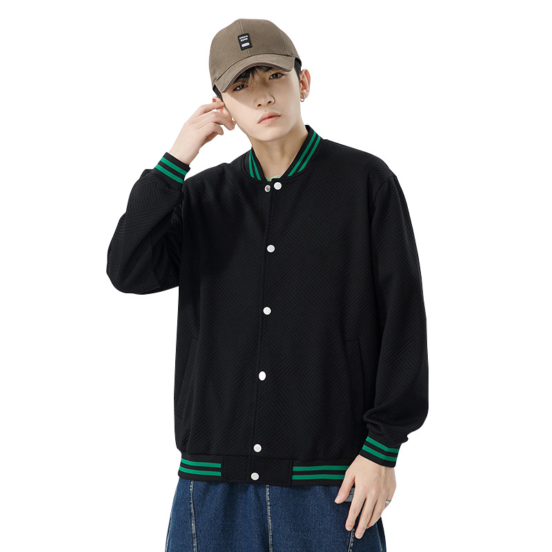 Solid color baseball suit for men's 2024 new Korean version stand up collar button knit jacquard cardigan upper garment_voghion.com