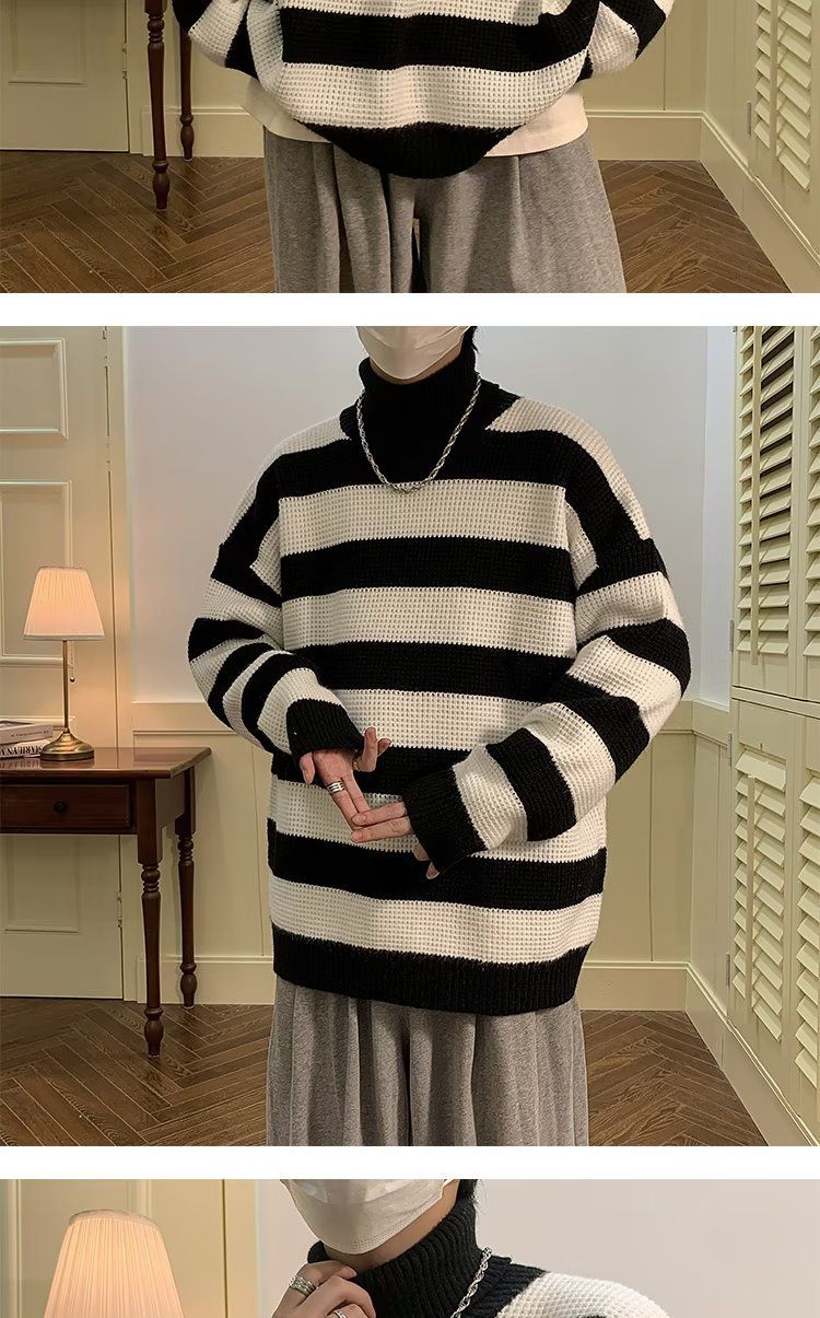 Maglione a collo alto a righe bianche e nere per uomo, stile retrò giapponese, pigro e di alta qualità. Maglione lavorato a maglia con inserti a contrasto_voghion.com