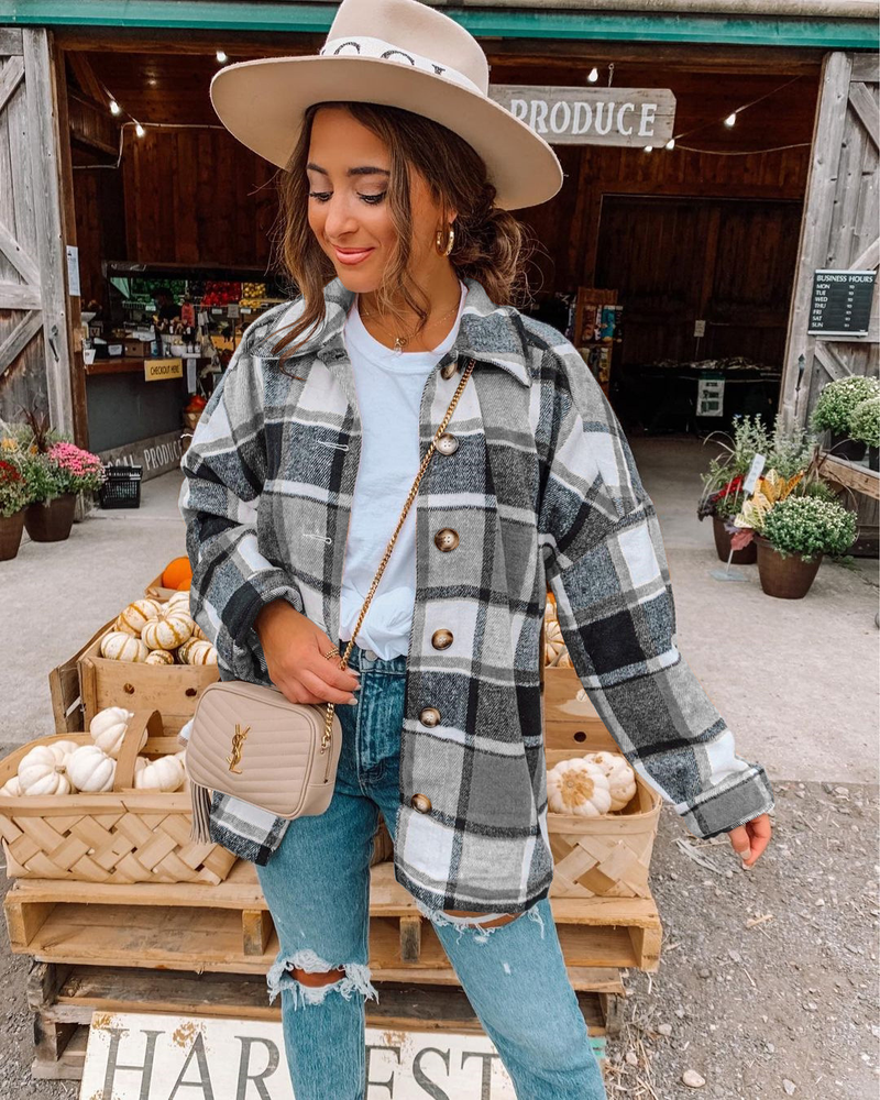 Damen neuer Herbst- und Wintermantel mit langen Ärmeln, Revers, lockerem kariertem Hemd und mittellangem Mantel_voghion.com