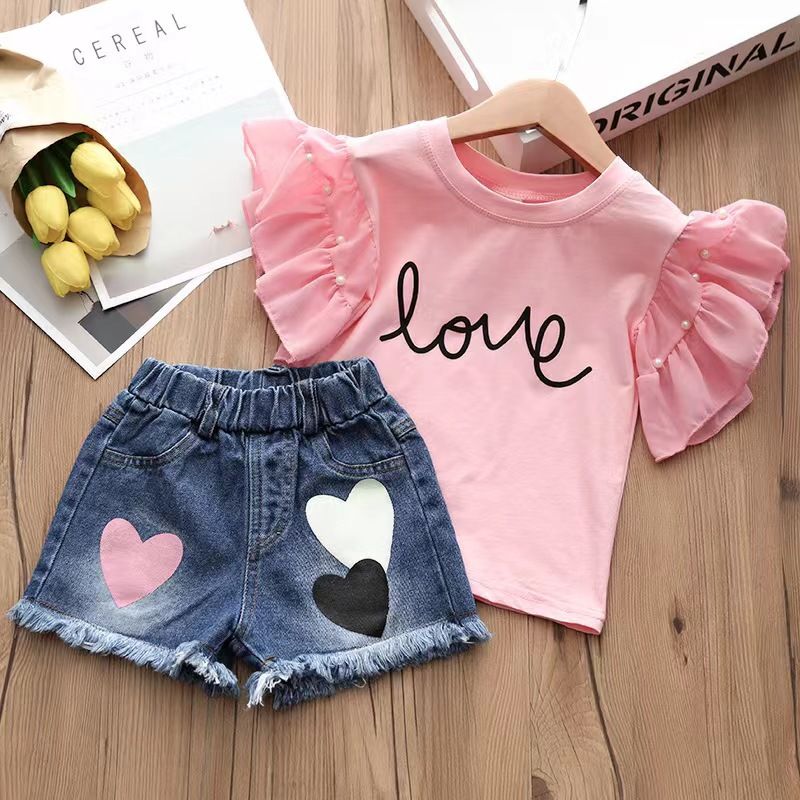 Abbigliamento per bambini Primavera ed estate nuovi completi per ragazze pantaloncini in denim per bambini + maglietta in modal a maniche corte abbigliamento per bambini in due pezzi_voghion.com