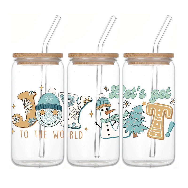 Szklany kubek świąteczny premium z bambusową pokrywką i słomką – ekologiczny, szczelny, pojemność 16 uncji – idealny na prezent, do biura i domu (zestaw 2 szt.)_voghion.com