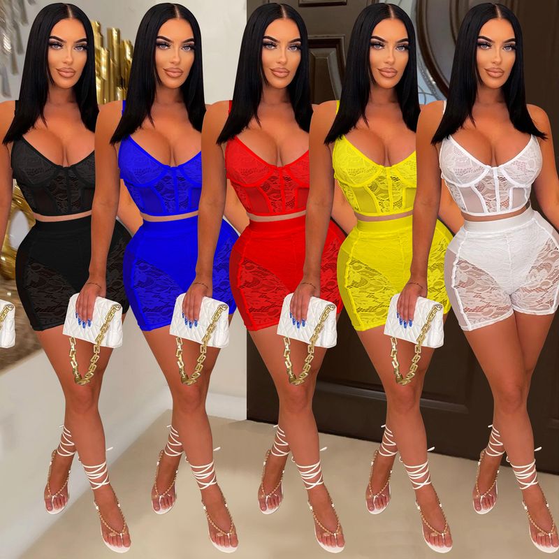 Damenbekleidung, modisches zweiteiliges Set für Damen, einfarbig, sexy Spitze, ärmellose Shorts_voghion.com