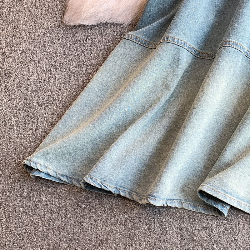 Women's Clothing Elegant Two-Piece Denim Set - Square Neckline With Puff Sleeves & High-Waisted Ombre Skirt (Light Blue, S/M/L/XL)_voghion.com