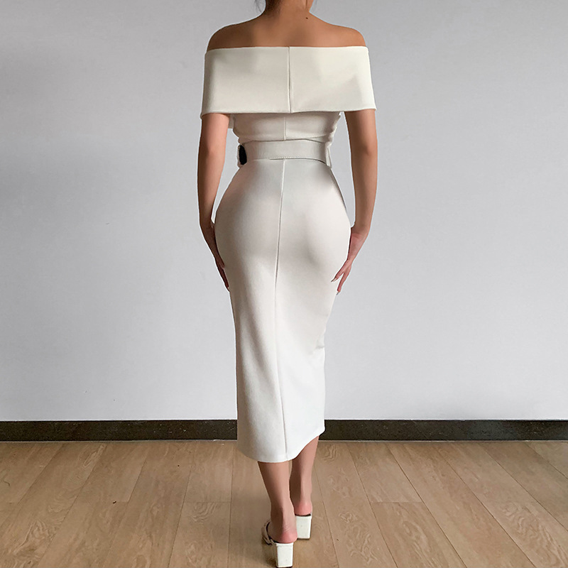 elegant temperament for commuting, simplicity and maturity new style off-shoulder belt slit skirt_voghion.com
