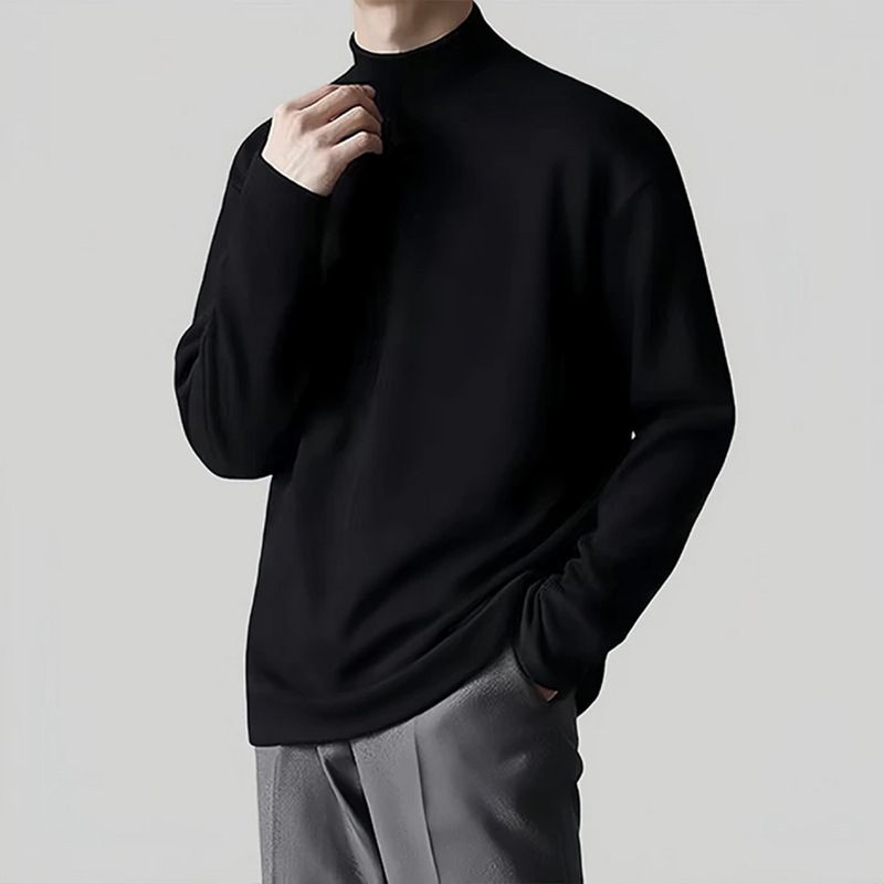 T-shirt décontracté à manches longues et col montant pour homme, style coréen, couleur unie, printemps et automne_voghion.com