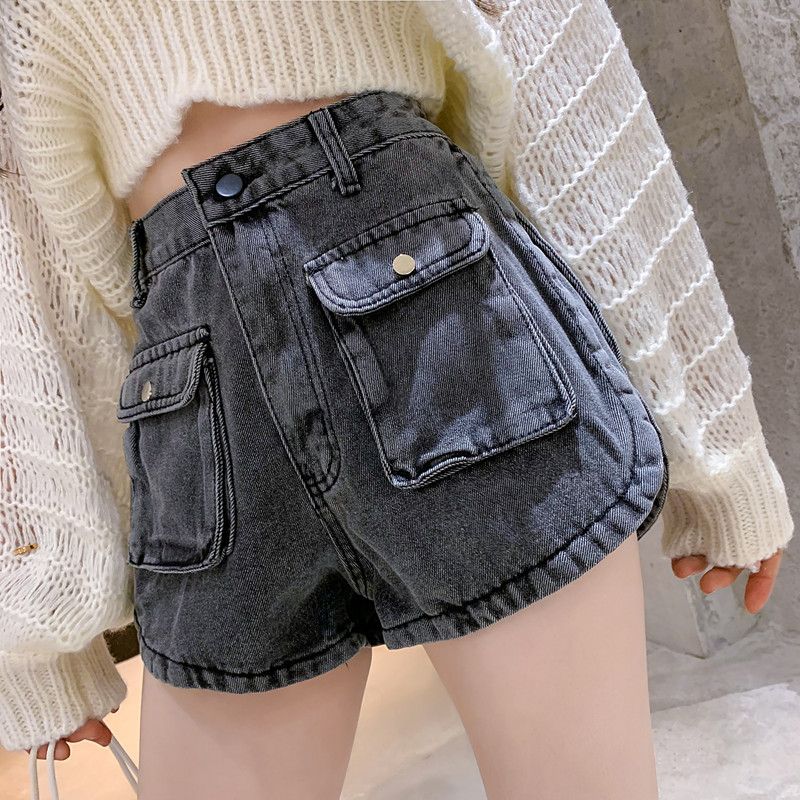 Darba šortu korejiešu versija 2024. gada vasarā, jaunas brīvas un slaidinošas platas kājas A-līnija ar kabatām, džinsa karstās bikses priekš_voghion.com