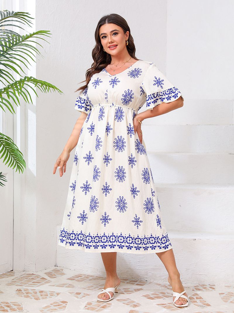 Damenbekleidung Lockeres Kleid in großer Größe mit Trompetenärmeln und V-Ausschnitt, Urlaub am Meer, frischer Druck, mittellanger Rock_voghion.com