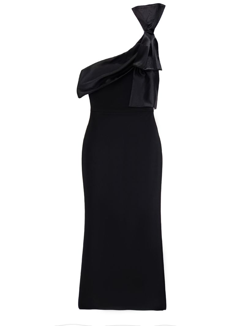 Elegante abito da sera nero con fascia e fiocco - Abito formale monospalla in poliestere elasticizzato per donna, sofisticato ed elegante_voghion.com