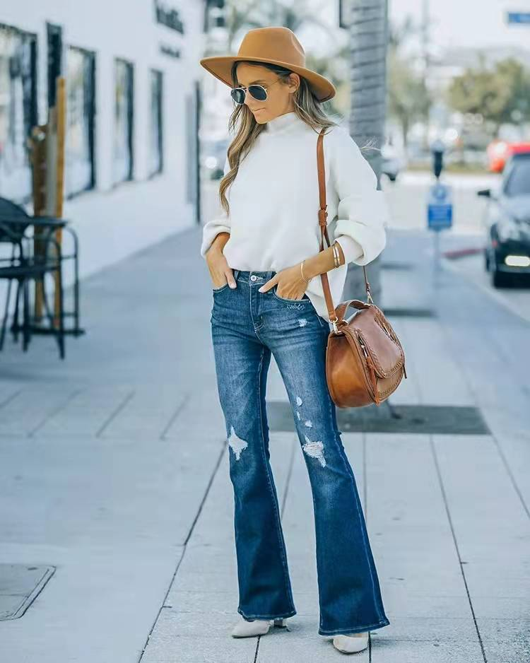 Oprane razširjene hlače, raztegljive raztrgane kavbojke, ženske hlače_voghion.com