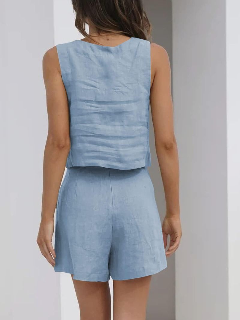 Abito casual da donna in 2 pezzi, pantaloncini di lino, gilet senza maniche_voghion.com