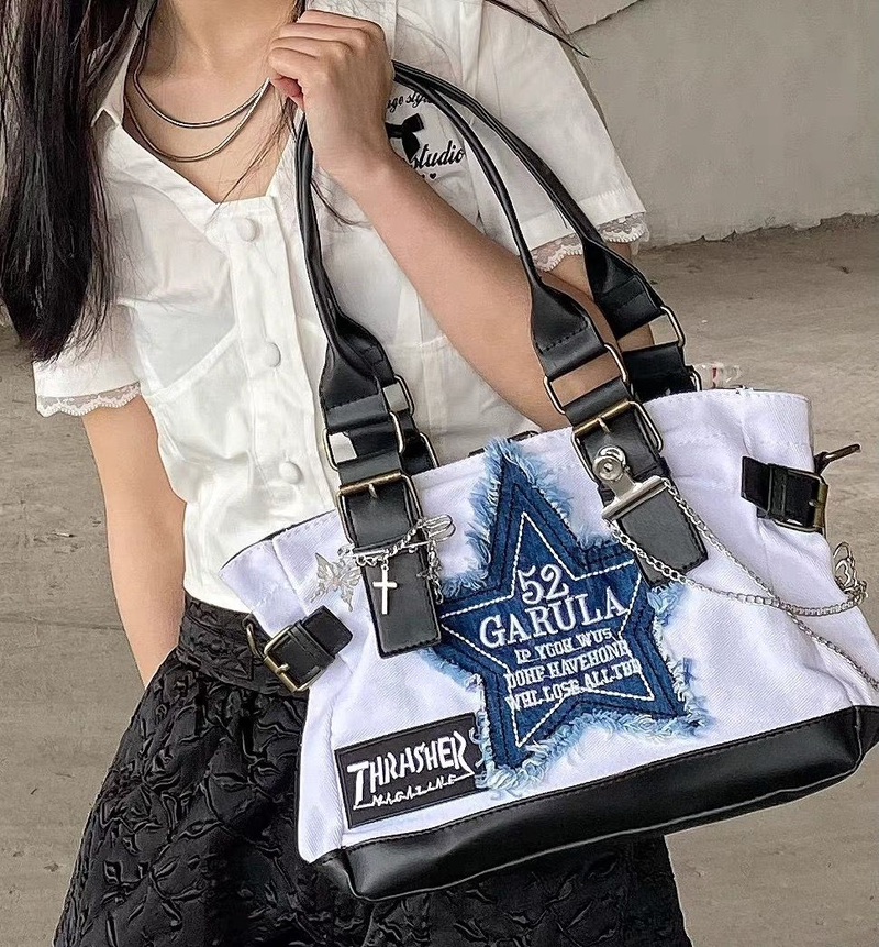 Borsa tote in tela a tracolla con una spalla e una stella a cinque punte con catena subculturale Millennium Spicy Girls fatta in casa_voghion.com