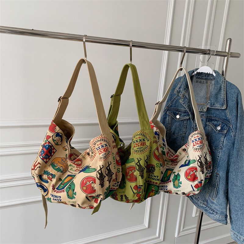 Borsa a tracolla casual in stile artistico da donna, borsa in tela stampata personalizzata, borsa tote di grande capacità per studenti universitari_voghion.com