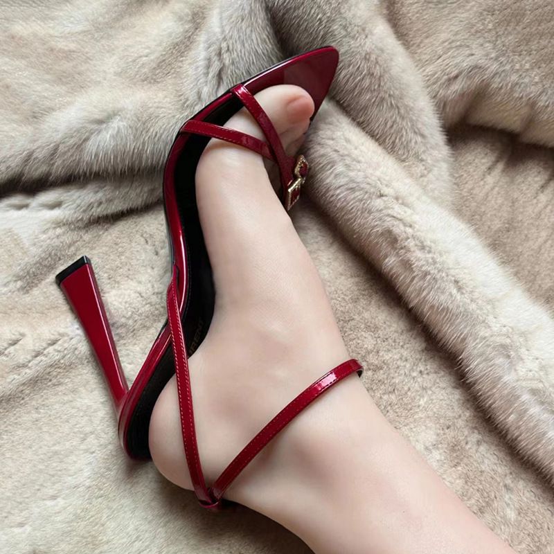 2025 New Summer Open-toe Rhinestone One Word Buckle Sandals, Red Thin Strap, Exquisite High Heels Fashion Hundred Versatile Exquisite_voghion.com