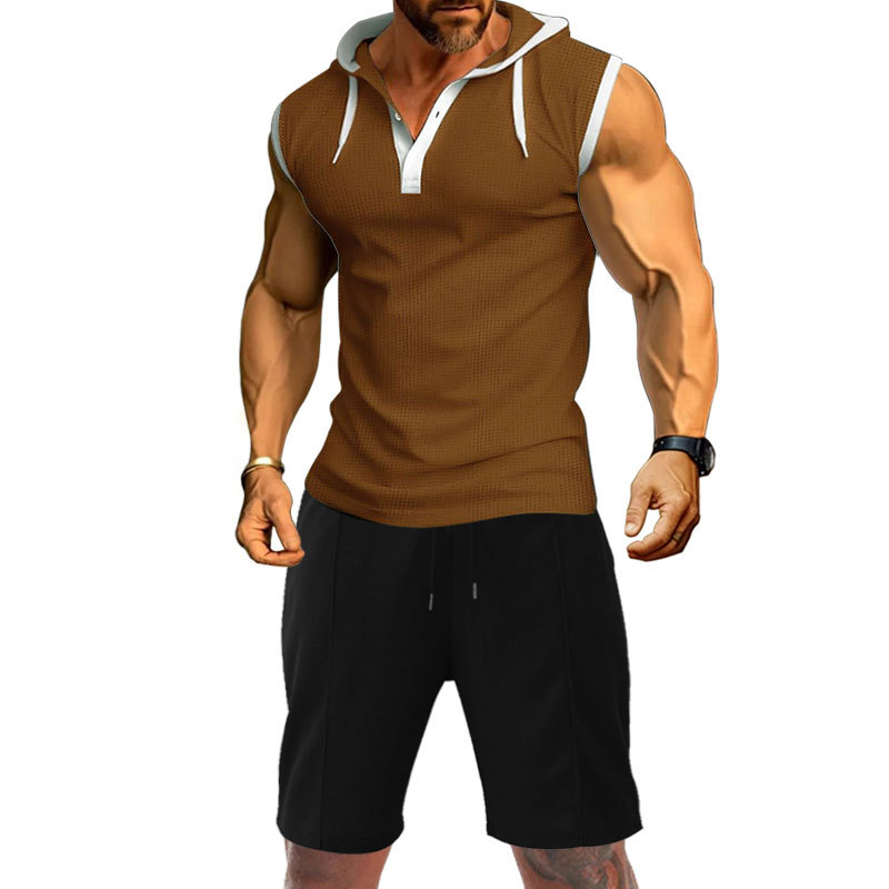Sleeveless vest, shorts, T-shirt, solid color hooded tie up men's casual sports waffle set_voghion.com