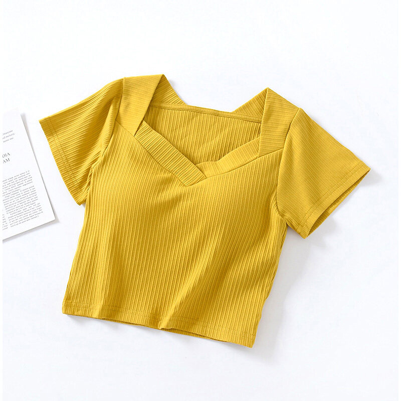 SUPERFLOWER T-shirt tendance pour femme avec coussinets de poitrine, col en V, manches courtes, hauts courts respirants_voghion.com