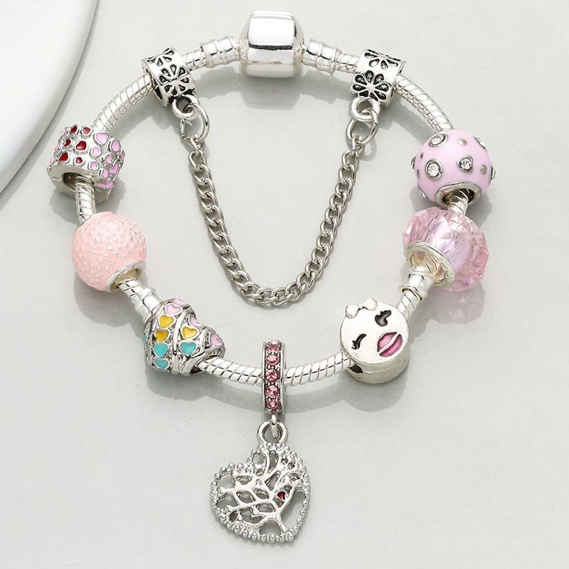 Pulseiras de charme da moda estilo faça você mesmo, pulseira de liga de árvore do amor rosa com contas de furo grande_voghion.com