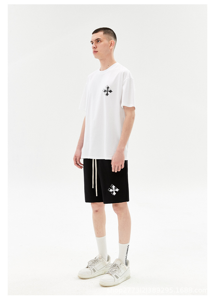Trndy brand nw product damagd cross print casual vrsatil T-shirt short slvd shirt Amrican high strt coupl_voghion.com