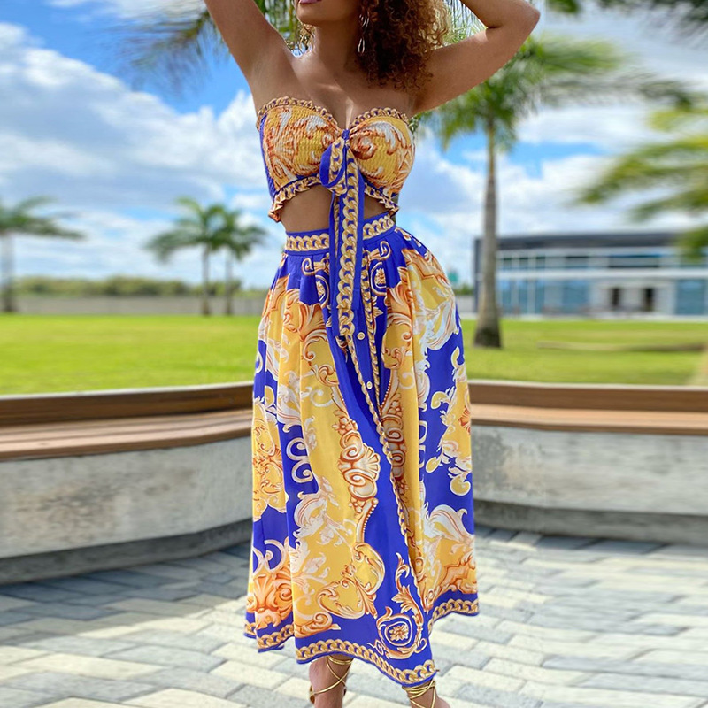 Dameskleding Casual sexy borstomslag Strappy rok print rokpakken set_voghion.com