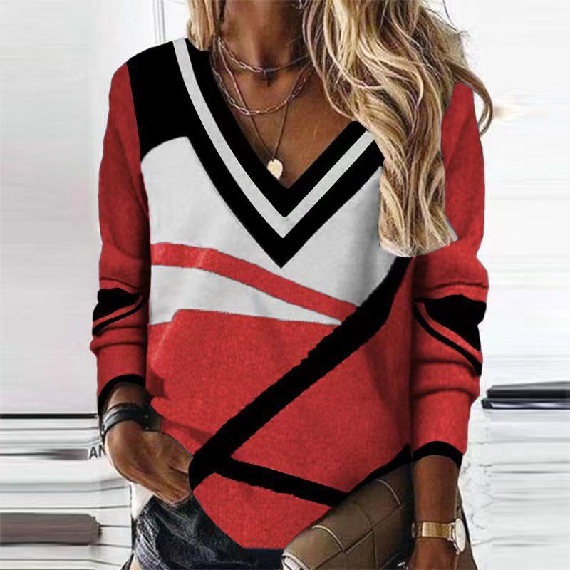 Women's V-neck contrast geometric printing temperament loose long-sleeved sweater_voghion.com