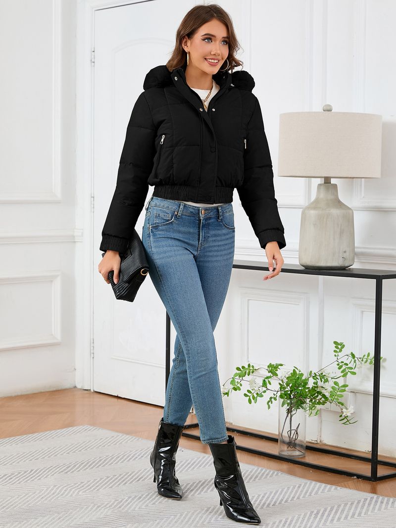 Women's Clothing Women's Slim Fit High Waist Short Puffer Jacket With Fleece Lining, Warm Winter Coat For Casual Outfits (White/Black/Khaki)_voghion.com