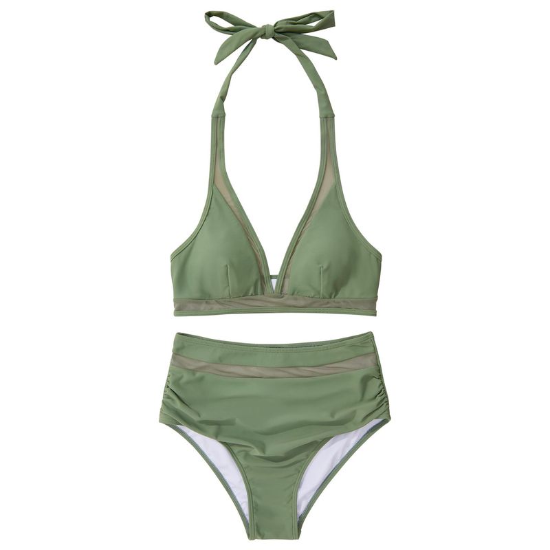 Maillot de bain une pièce sexy ajouré couleur unie, maillot de bain une pièce en maille épissée, taille haute, décolleté plongeant_voghion.com