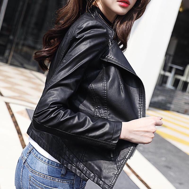 Veste de moto courte et polyvalente en cuir pour femme, coupe ajustée, col montant, style coréen, printemps-automne 2023_voghion.com