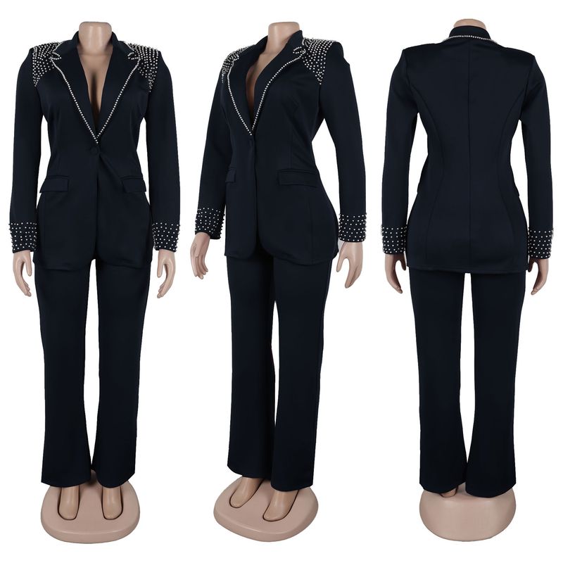 Traje de dos piezas ajustado de manga larga con perlas para mujer_voghion.com