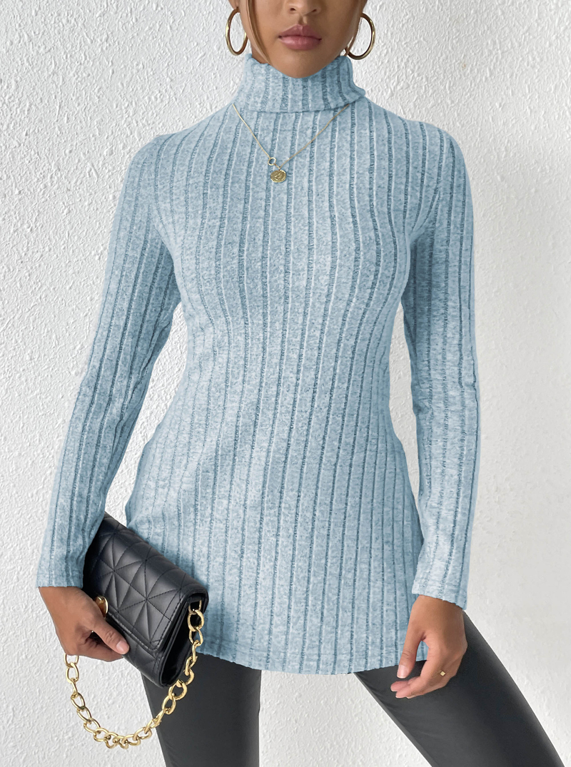 Women's turtleneck pullover slit slim-fit base pit striped medium length_voghion.com