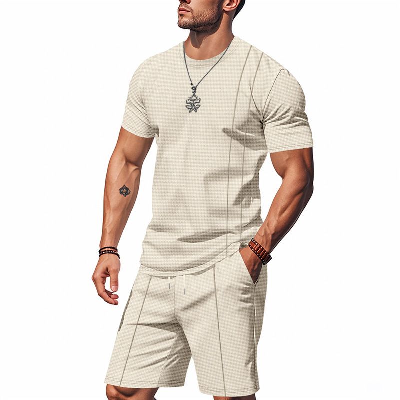 American Style Summer Men's Loose Fit INS Simple Waffle Round Neck Short Sleeve Shorts Two-Piece Set_voghion.com