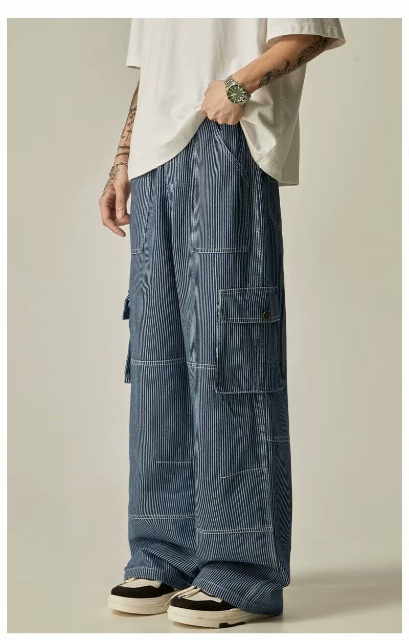 Men's Clothing Retro Striped Workwear Jeans Loose Wide Leg Pants Casual Niche Straight Trousers_voghion.com