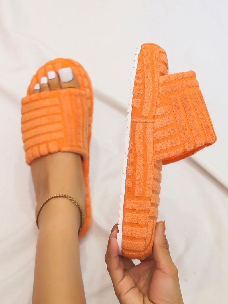 Women's one word thick bottom solid color towel fabric woolly slippers_voghion.com