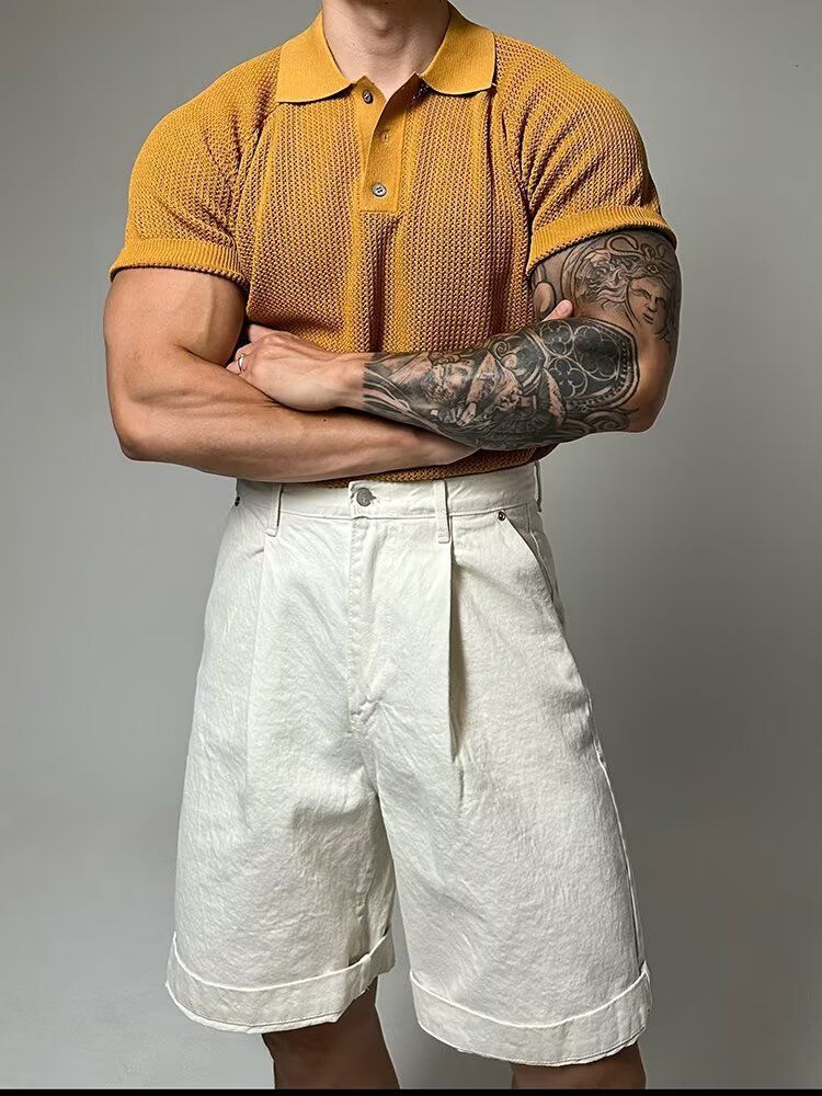 Herrenbekleidung Waben-Strick-Poloshirt für Herren Dongdaemun New Niche High End Washed Distressed Loose Kurzarm-T-Shirt Top_voghion.com