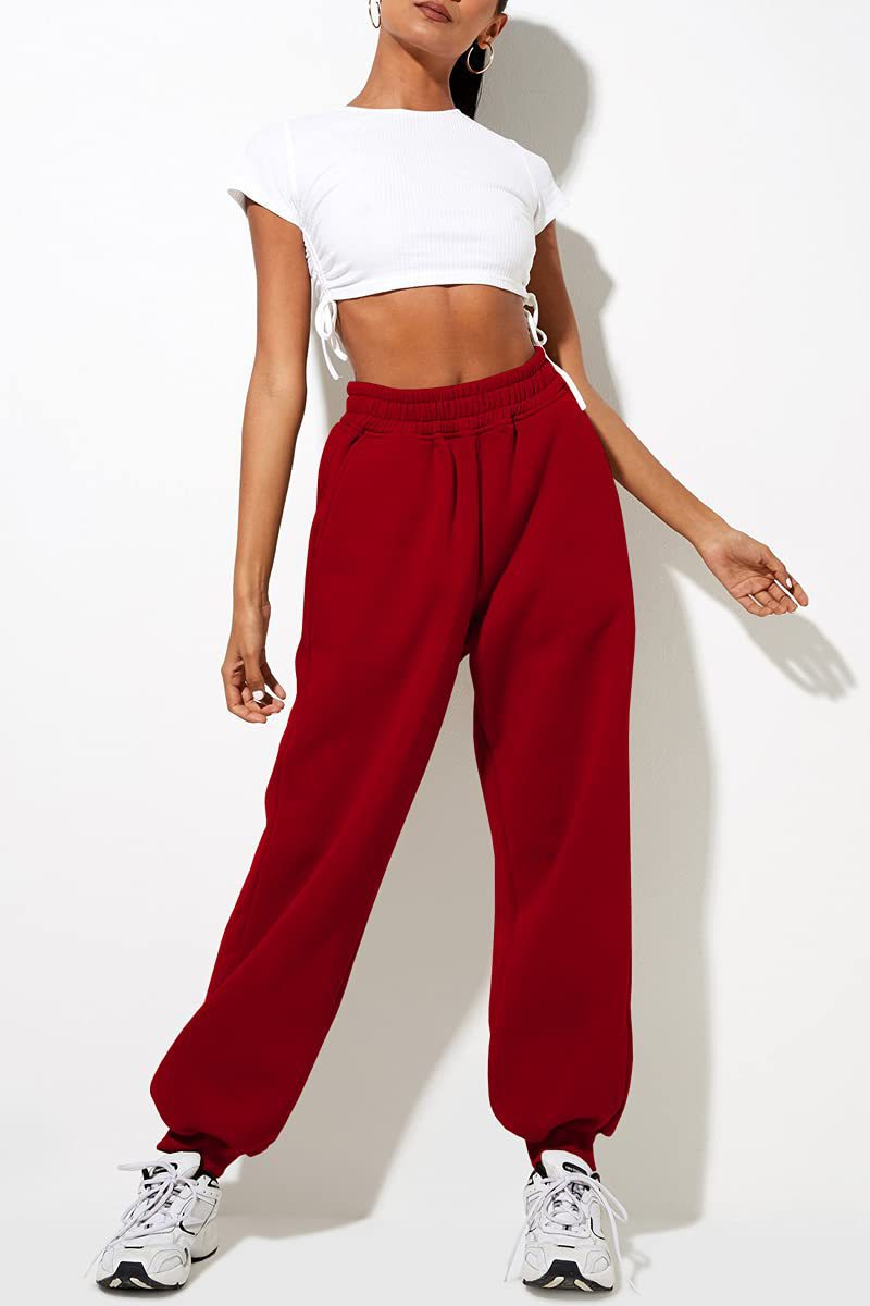 Pantaloni casual sportivi in tinta unita da donna con gambe larghe_voghion.com
