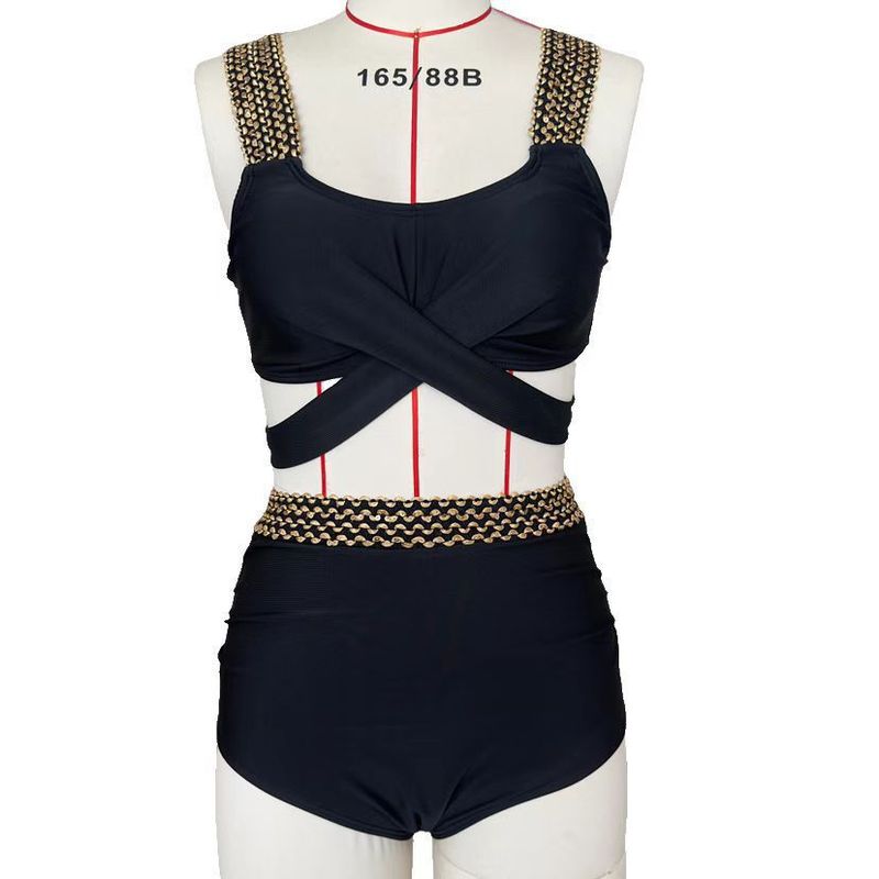 Damenbekleidung Hohe Taille Bauchbedeckender Gold Elastischer Split Bikini Badeanzug Damen_voghion.com