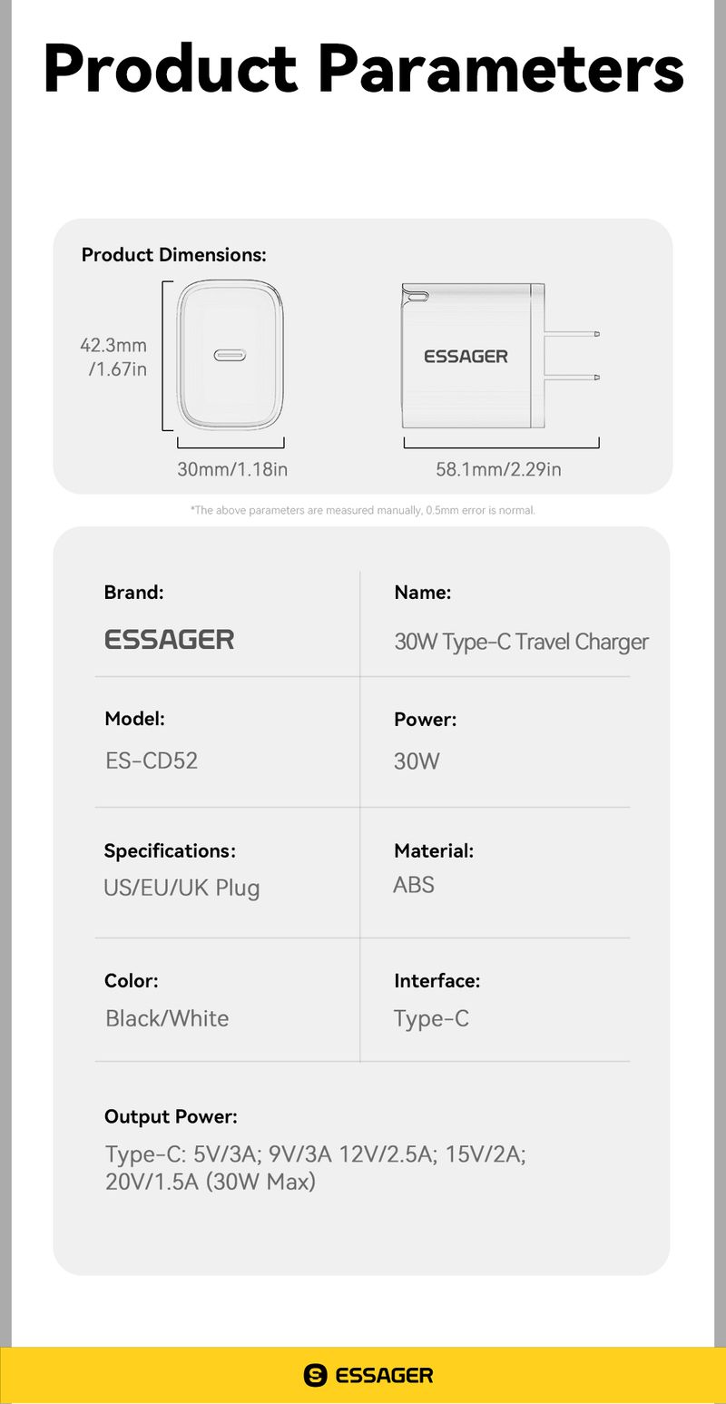 Essager Mini 30W PD QZ.0 Fast Type C Charger For IPhone 16 15 14 13 Pro Samsung S25 Xiaomi IPad Travel Adapter_voghion.com