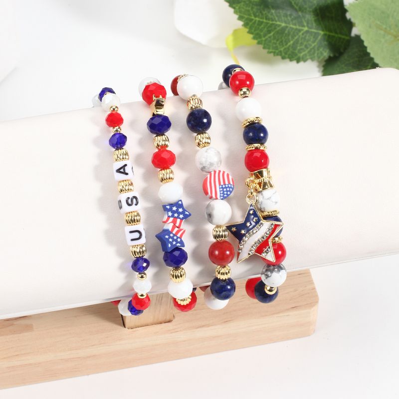 Handgefertigtes patriotisches Perlenarmband mit Natursteinen – USA-Flagge und Stern-Design – Unisex-Schmuck für Männer und Frauen, Größenverstellbar, Fünfzackiger Stern_voghion.com