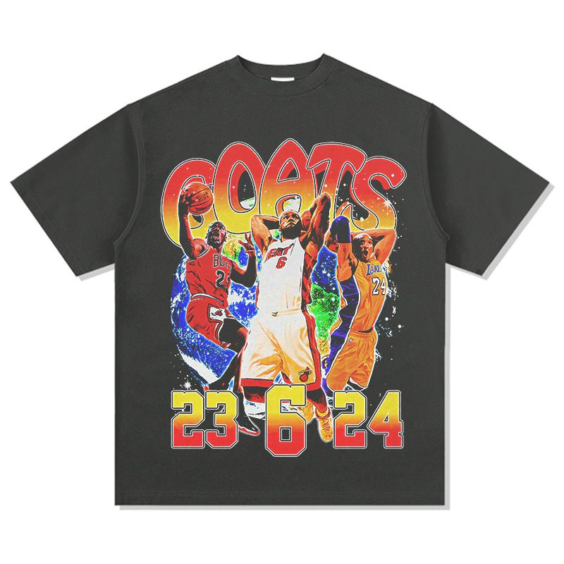 Camiseta estampada Big Three James Kobe manga curta comprida gola redonda caimento solto ombros caídos_voghion.com