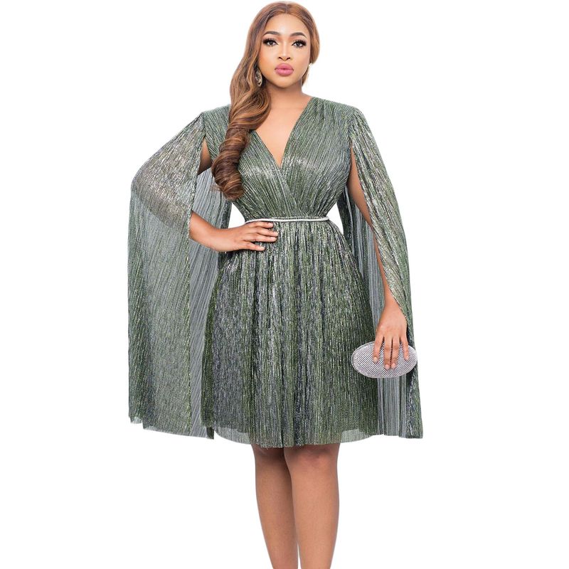 Damenbekleidung Neue V-Ausschnitt Temperament Langarm Cape Taille Kleid Rock_voghion.com