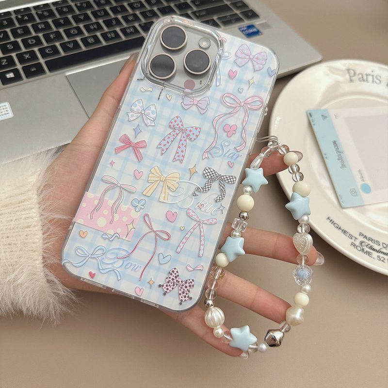 TechGlobe Summer Bowknot Suitable For 16 Max Phone Case With Lanyard 15 Pro Beaded DIY Fresh Protective Cover_voghion.com