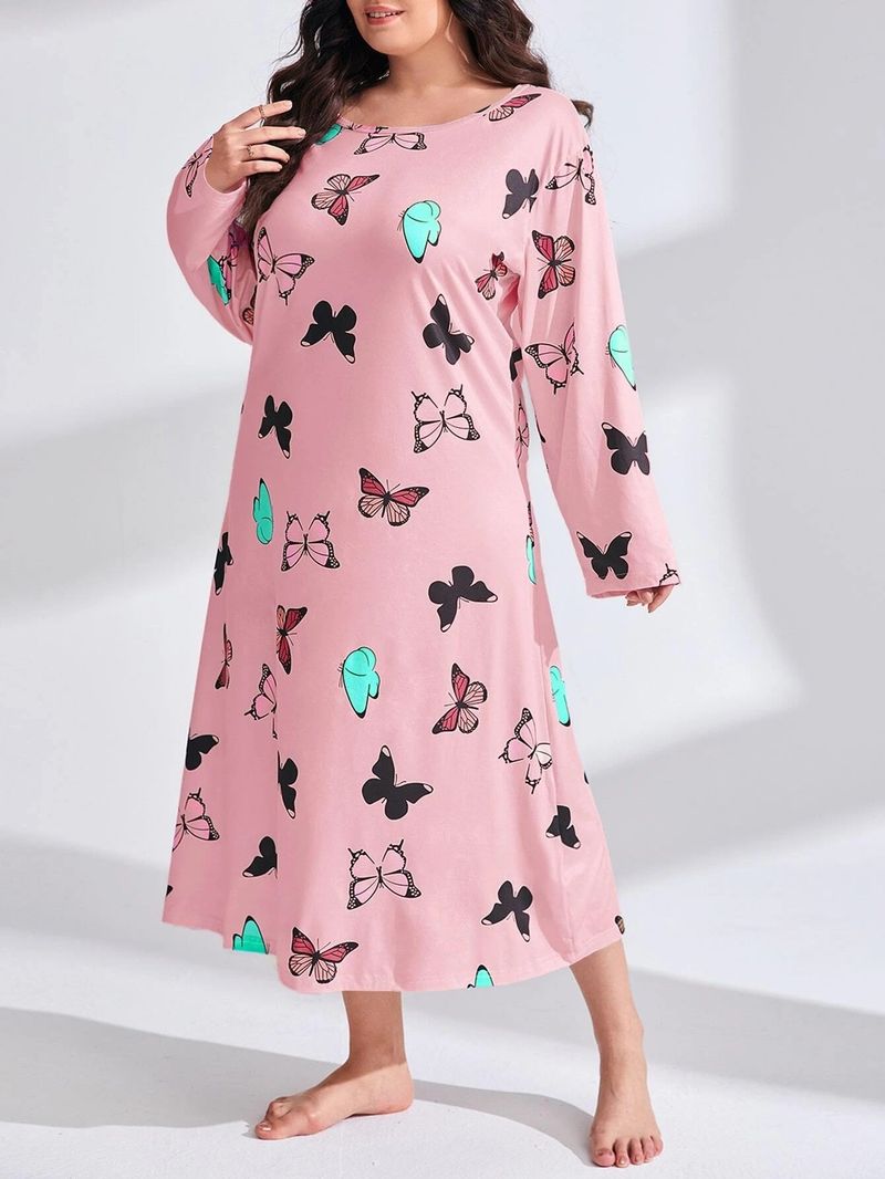 Damenbekleidung Langärmliges Nachthemdkleid mit Schmetterlings- und Herz-Leopardenmuster, überschnittener Schulter, großer Größe_voghion.com