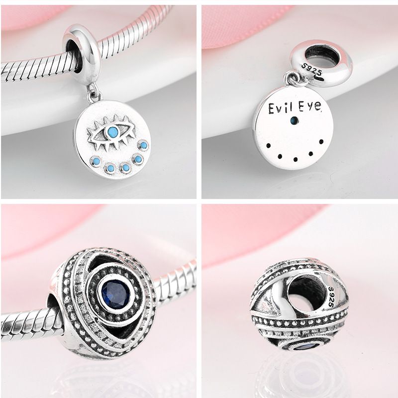 Braccialetto fai da te per donna con perline cave in zircone blu, occhio turco, perline in argento Sterling S925, accessori in argento con malocchio_voghion.com