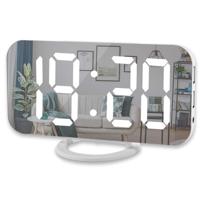 Digital LED Alarm Clock Mirror 2 USB Charger Ports Night Light LED Table Clock Snooze Function Adjustable Brightness Desk Clocks_voghion.com