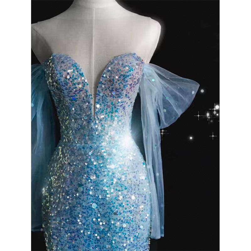 Fish Tail Evening Dress New Blue Sequin Strapless Gift Fish Tail Dress Ball Dress_voghion.com
