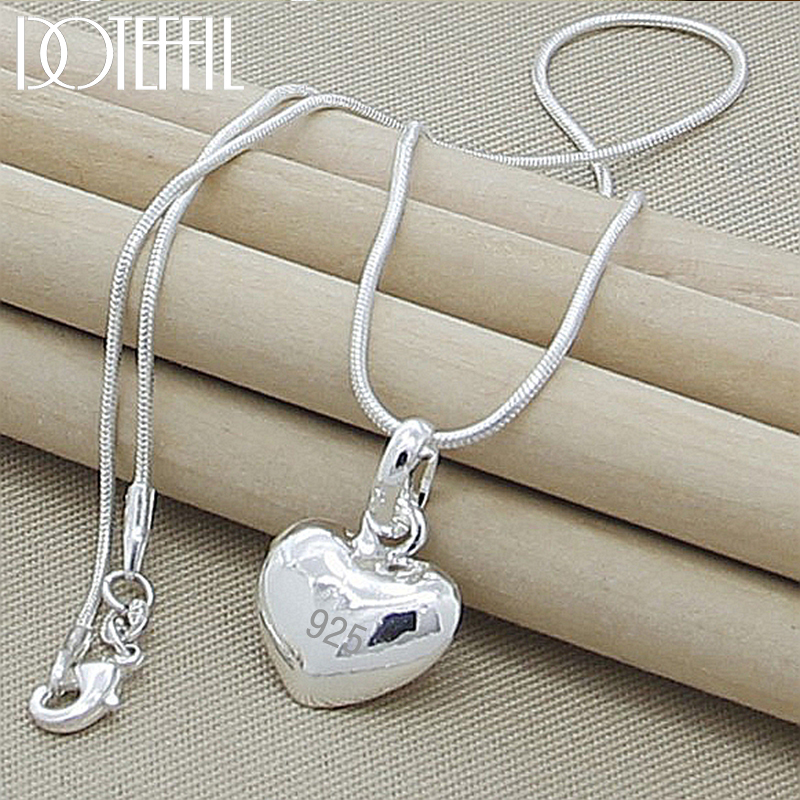DOTEFFIL Sterling Sier Effen Klein Hart Hanger Ketting 16-30 Inch Snake Chain Voor Vrouwen Bruiloft Charme Mode-sieraden_voghion.com