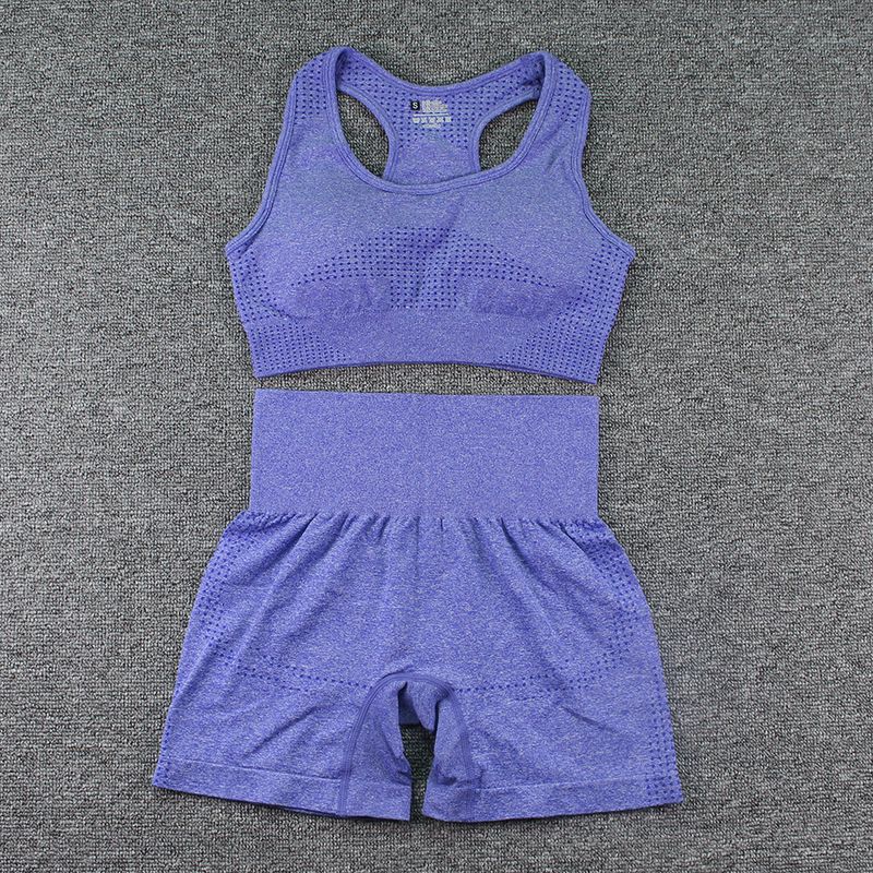 Conjunto de dos piezas de lunares sin costuras con espalda cruzada, pantalones cortos, traje de fitness para mujer, sujetador sin espalda, top, atuendo de yoga_voghion.com